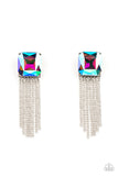 "Supernova Novelty" Silver Metal Multi UV Shimmer Rainbow Tassel Post Earrings