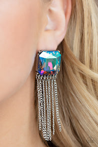 "Supernova Novelty" Silver Metal Multi UV Shimmer Rainbow Tassel Post Earrings