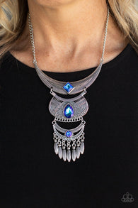 "Lunar Enchantment" Silver Metal & Blue Rhinestone Three Tier Necklace