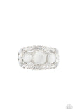 Paparazzi "Majestically Mythic" Silver Metal White Cat's Eye & White/Clear Rhinestone Elastic Back Ring