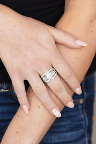 Paparazzi "Majestically Mythic" Silver Metal White Cat's Eye & White/Clear Rhinestone Elastic Back Ring