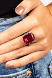 Paparazzi "Epic Proportions" Gunmetal Emerald Cut Red Rhinestone & Hematite Ring