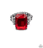 Paparazzi "Epic Proportions" Gunmetal Emerald Cut Red Rhinestone & Hematite Ring