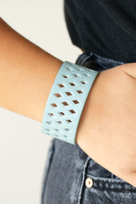 "Glamp Champ" Blue Leather Laser Cut Diamond Cut Snap Bracelet