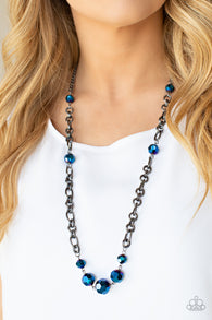 "Prismatic Pick Me Up" Gunmetal & Blue Metallic Oil Spill Iridescent Beaded Necklace Set