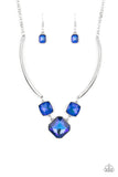 "Divine Iridescence" Silver Metal & Blue Holographic Gem Necklace Set