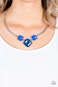 "Divine Iridescence" Silver Metal & Blue Holographic Gem Necklace Set