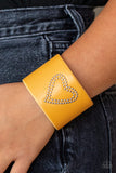 " Rodeo Romance " Yellow LEATHER & Silver Studded Heart Cuff Bracelet