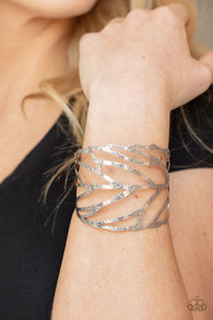 "Flock, Stock and Barrel" Silver Metal Open Work Textured Feather Cuff Bracelet