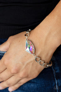 "Galactic Grunge" Silver Metal Chain & Multi Rainbow Iridescent Clasp Bracelet