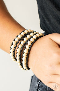 "Pine Paradise" Unisex Black Leather & White Wood Bead Wrap Bracelet