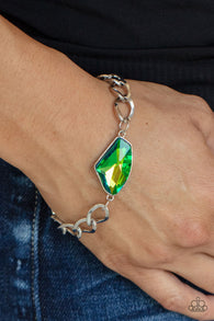 Paparazzi "Galactic Grunge" Silver Metal Chain & Iridescent Green Clasp Bracelet