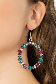 "Glowing Reviews" Silver Metal & Multicolored Rhinestone Encrusted Hoop Earrings