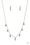 "Cosmic Runway" Brass Metal & White Rhinestone Star & Moon Necklace Set