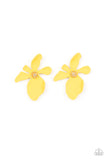 " Hawaiian Heiress " Yellow Metal Abstract Flower Tropical Floral Post Earrings