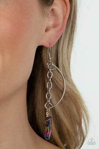 "Yin To MY Yang" Silver Metal & Multi Oil Spill Half Circle Modern Earrings