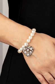 "Cutely Crushing" White Pearls & Clear/White Heart Rhinestone Stretch Bracelet