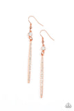 "Skyscraping Shimmer" Copper Metal & White Rhinestone Drop Bar Earrings