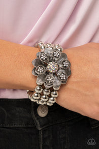 "Botanical Bravado" Silver Metal & Multi Iridescent Rhinestone Flower Stretch Bracelet