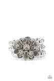 "Botanical Bravado" Silver Metal & Multi Iridescent Rhinestone Flower Stretch Bracelet