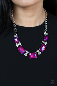 "Flawlessly Famous" Silver Metal & UV Pink & White Rhinestone Necklace Set