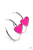 "Kiss Up" Silver Metal & Pink Enamel Heart in a Hoop Earrings