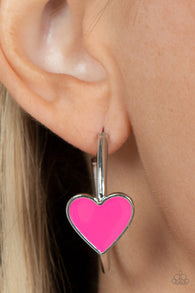 "Kiss Up" Silver Metal & Pink Enamel Heart in a Hoop Earrings