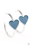 "Kiss Up" Silver Metal & Blue Enamel Heart in a Hoop Earrings