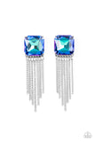 "Supernova Novelty" Silver Metal & Square Blue Iridescent Tassel Post Earrings