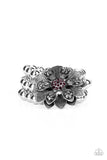 "Botanical Bravado" Silver Metal, Purple & Hematite Rhinestone Flower Stretch Bracelet