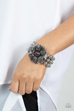 "Botanical Bravado" Silver Metal, Purple & Hematite Rhinestone Flower Stretch Bracelet