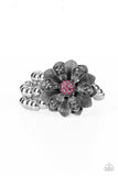 "Botanical Bravado" Silver Metal, Pink & Hematite Rhinestone Flower Stretch Bracelet