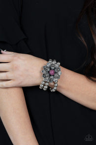 "Botanical Bravado" Silver Metal, Pink & Hematite Rhinestone Flower Stretch Bracelet