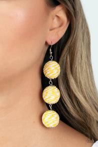 "Laguna Lanterns" Yellow & White Twine Cords Wrapped Triple Drop Earrings