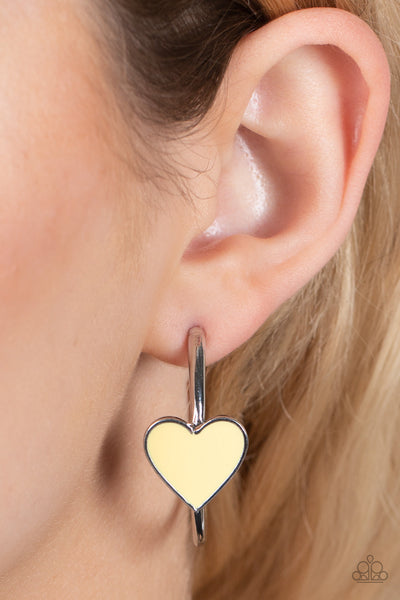 "Kiss Up" Silver Metal & Yellow Enamel Heart in a Hoop Earrings