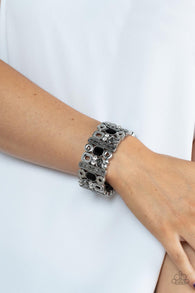 "Dynamically Diverse" Silver Metal Hematite & Black Rhinestone Geometric Stretch Bracelet