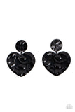 "Just a Little Crush" Silver Metal Textured Black Heart Drop Post Earrings