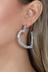 "Amore To Love" Silver Metal White/Clear Rhinestone Heart Hoop Post Earrings