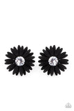 "Sunshiny Dais-y" Silver Metal Black Flower & Clear Rhinestone Post Earrings