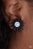 "Sunshiny Dais-y" Silver Metal Black Flower & Clear Rhinestone Post Earrings