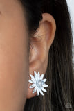 "Sunshiny Dais-y" Silver Metal White Flower & Clear Rhinestone Post Earrings