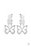 "Flamboyant Flutter" Silver Metal Triple Butterfly White Rhinestone Earrings