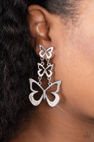 "Flamboyant Flutter" Silver Metal Triple Butterfly White Rhinestone Earrings