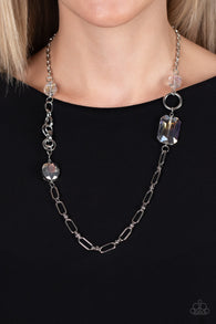 "Famous Fabulous" Silver Metal & Clear Iridescent Mutli Shape Gem Necklace Set