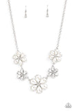 "Fiercely Flowering" Silver Metal White Pearls & Clear Rhinestones Flower Necklace Set