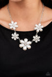 "Fiercely Flowering" Silver Metal White Pearls & Clear Rhinestones Flower Necklace Set