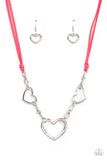 Paparazzi " Fashionable Flirt " Silver Metal Hearts & Pink Leather Corded Necklace Set