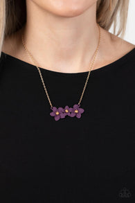 Paparazzi " Petunia Picnic " Gold Metal & Plum Purple Acrylic Flowers Necklace Set