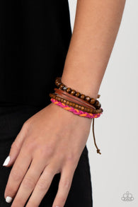 "Timberland Trendsetter" Brown Leather & Pink/Orange Corded Urban Bracelet