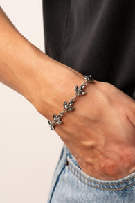 "Gala Garland" Silver Metal Smoky Gray Rhinestone Leaf Clasp Bracelet